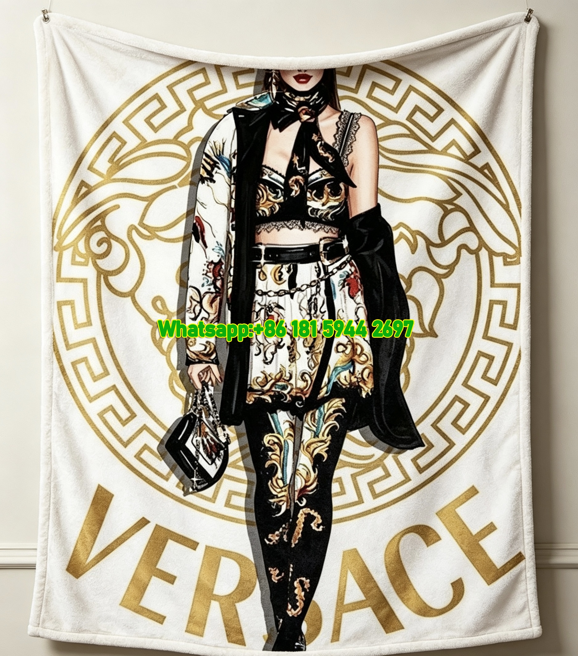 Versace Black And Gold Baroque Fashion Illustration Print Flannel Sofa Throw Blanket IMG_1665